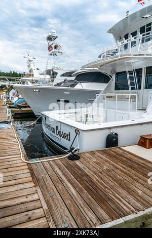 Vertäute Boote entlang einer hölzernen Promenade am Roche Harbor Marina im Bundesstaat Washington. Stockfoto