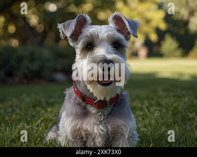 Weißer Schnauzerhund in einem Kragen, der auf dem Rasen sitzt. Stockfoto