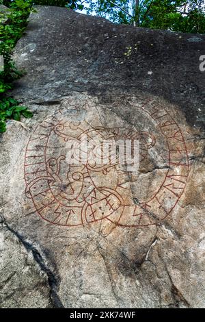 U 59 ist eine Wikingerzeit-Runenschnitzerei in einem Felsvorsprung aus Gneisgranit in Riksby, Bromma Parish, Stockholm. Text: 'Närt hat diese Runen nach Hi geschnitzt Stockfoto