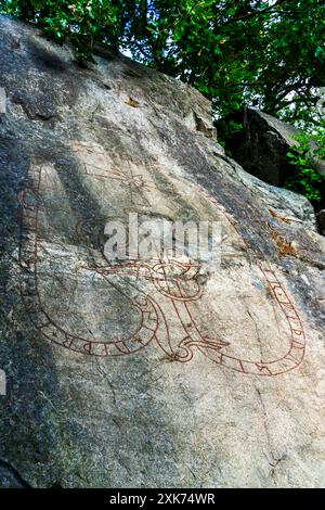 Runenschnitzerei in massiver Platte U 58, Bromma, Uppland, Schweden. Text: Sigviðr und Sigreifr ließen diesen Stein zum Gedenken an Sinarr, ihren Vater, einarbeiten. (Sigvid Stockfoto