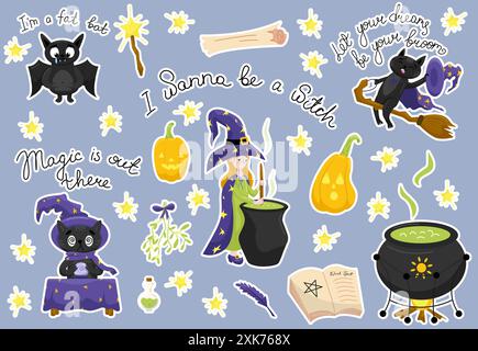 Ein Set mit Aufklebern zum Thema Halloween und Hexerei. Magische Katzen und Fledermäuse, Kürbisse und mehr. Stock Vektor