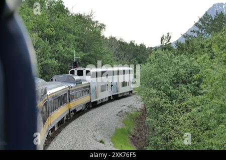 Blick auf und vom Denali Star Zug der Alaska Railroad von Anchorage zum Denali National Park Stockfoto