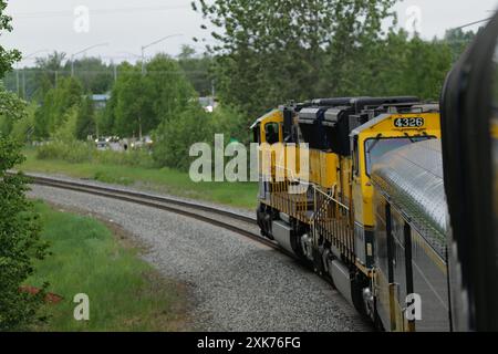 Blick auf und vom Denali Star Zug der Alaska Railroad von Anchorage zum Denali National Park Stockfoto