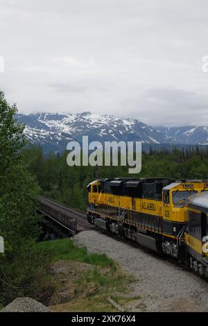 Blick auf und vom Denali Star Zug der Alaska Railroad von Anchorage zum Denali National Park Stockfoto