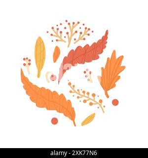 Kreisförmige Herbstkomposition mit Blättern, Zweigen und Beeren in warmen Herbstfarben. Rundes Emblem des Herbstwaldes. Vektor-handgezeichnete Illustration isoliert Stock Vektor