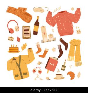 Herbstliche Pullover, Schals, Socken und warme Accessoires. Herbstbekleidung. Vektor Hand gezeichnet flache Sammlung Illustration isoliert auf weißem Hintergrund Stock Vektor