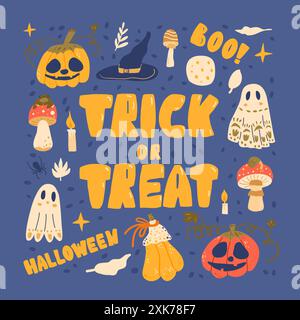 Poster „Trick or Treat“. Farbenfrohe Illustrationen mit Kürbissen, Geistern, Hexenhüten und Pilzen. Bonbon-Lauf. All Hallows' Eve. Vektor h Stock Vektor