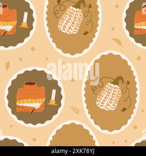 Kuscheliges rundes, nahtloses Herbstmuster. Kreisförmiges Emblem mit warmer Kleidung, Kürbis und duftenden Kerzen im Hintergrund. Handgezeichnete Vektorgrafik. Stock Vektor
