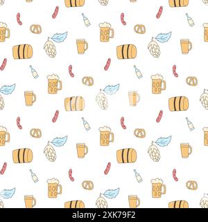 Nahtloses Biermuster. Hopfenzapfen, Drinks und Brezeln endloser Hintergrund. Vektor Hand gezeichnete Kritzelillustration. Stock Vektor