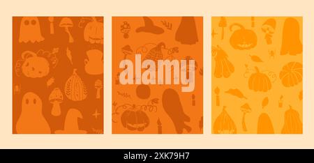 Set mit Halloween-Hintergründen. Alle Hallows' Eve Cover für Karten. Vertikale Vorlagen mit Doodle-Texturen für Feiertage. Illustration der Vektorabwicklung. Stock Vektor