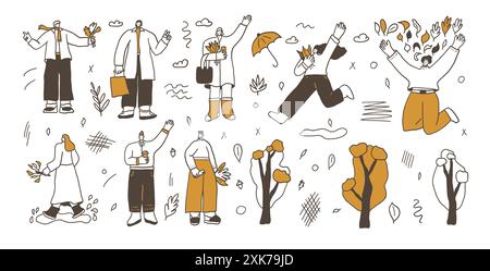 Gruppe von Spaziergängern im Herbst-Park. Zeichen mit Herbstlaub. Vektor Hand gezeichnete Doodle Sammlung Illustration auf weißem Hintergrund. Stock Vektor