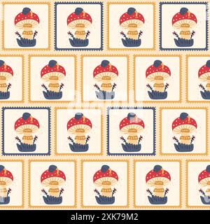 Nahtloses Karomuster mit Fliegenpilz. Bento-Box Hintergrund wiederholen. Ungenießbare Pilze Retro-Stempel endloses Design. Vektor handgezeichnet flache Illustration. Stock Vektor