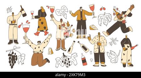 Weinfestival-Set. Leute mit Weingläsern und Flaschenpackungen. Niedliche Charaktere mit Alkohol. Vektor Hand gezeichnete Sammlung Illustration auf weißem Hintergrund. Stock Vektor