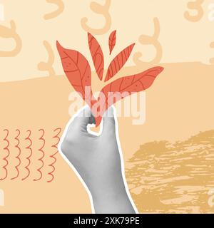 Herbstcollage Hintergrund. Die Hand hält Herbstblätter auf abstrakten geometrischen Formen im Hintergrund. Vektordarstellung gemischt. Stock Vektor