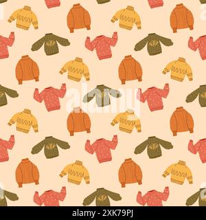 Kuschelige Kleidung mit nahtlosem Muster. Pullover wiederholen Hintergrund. Vektor handgezeichnet flache Illustration. Stock Vektor