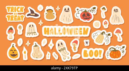 Halloween Aufkleber Set. Niedliche Jack o Laterne Kürbisse, Geister, Hüte und anderes Kit. Sammlung von Elementen und Schriftzügen des Herbstfestes. Vektor handgezeichnet flache Illustration isoliert. Stock Vektor