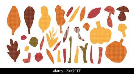 Schneide herbstliche Blätter, Kürbisse, Pilze und Zweige aus Papier mit abstrakten, körnigen Formen aus. Vektor Hand gezeichnete strukturierte Illustration isoliert auf weißem Hintergrund. Stock Vektor