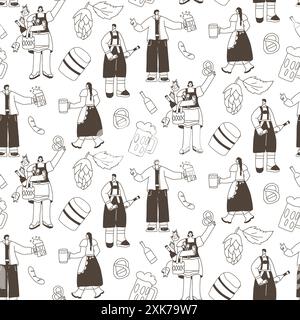 Nahtloses Muster für Oktoberfest-Zeichen. Kritzeln Sie Leute mit Alkohol trinken endlosen Hintergrund. Bierliebhaber wiederholen die Ornamentisoberfläche. Handgezeichnete Vektorgrafik. Stock Vektor