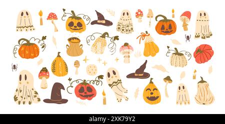 Halloween-Elemente-Set. Kürbisse, Feiertagsgeister, Hexenhüte und anderes Set. Sammlung von Herbstfestlichkeiten. Kerzen, Pilze und Spinne alle Heiligtümer. Vektorillustration auf weißem Hintergrund Stock Vektor