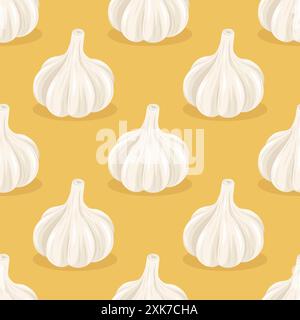 Vektor-nahtloses Muster mit Hand gezeichneter Knoblauchbirne auf gelbem Hintergrund. Illustration Des Gemüsevektors. Ganzer Knoblauchkopf in flacher Ausführung. Würzen Stock Vektor