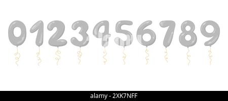 Referenzkreise Zahlen Vektorsatz. Flache Heliumballons silberfarben isoliert auf weißem Hintergrund. Aufblasbare Ziffern von 0 bis 9 in Zeichenfolge für Stock Vektor