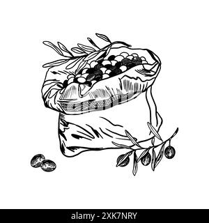 Oliven in einem Beutel mit einem Zweig. Reife runde Früchte, die von einem Baum gesammelt wurden. Ernte. Vektorabbildung im Grafikstil. Für Etiketten, Banner, Karten, Pos. Stock Vektor