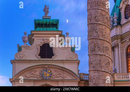 Stadtlandschaft - Blick von unten auf die Karlskirche am Karlsplatz in Wien, Österreich Stockfoto