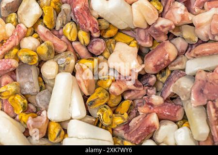 Hintergrund des in Tintenfische, Muscheln, Oktopus geschnittenen Meerescocktails, Blick von oben. Gesunde Ernährung Stockfoto