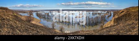 Frühlingslandschaft, Panorama, Banner - Überschwemmung im Flusstal der Siwerskyi Donets, Nordosten der Ukraine Stockfoto