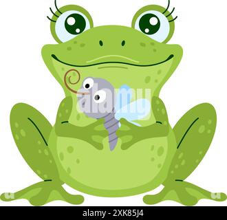 Süßer grüner Frosch mit großen Augen und Wimpern, der eine Mücke mit blauen Flügeln hält. Der kleine Frosch sitzt. Tierillustration Konzept handgezeichnet trendy flache Art isolierte Vektorillustration Stock Vektor