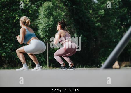 Frauen machen Trainingsübungen in einem sonnigen Park Stockfoto