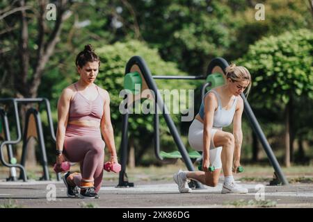 Zwei Frauen, die an einem sonnigen Tag im Park ein Calisthenics-Workout mit Kurzhanteln durchführen Stockfoto