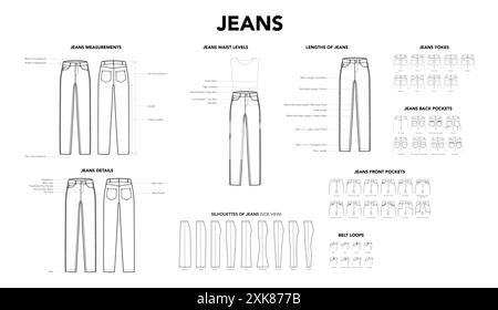 Set mit Jeans-Hose Details - Maße, Länge, Taille, Gürtelschlaufen, Paspeln Silhouette und Taschen Stile technische Modeschau Illustration. Flache Bekleidungsvorlage. Frauen, Männer CAD-Modell isoliert Stock Vektor