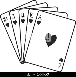 Eine Hand von Herzen, die Karten wie zehn, Jack, Königin, König und Ass spielen, um einen Royal Flush oder Straight Flush in Vektorumriss zu machen Stock Vektor