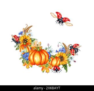 Kürbisse, Sonnenblumen, Gänseblümchen, Kornblumen, Weizen, Herbstblätter und Marienkäfer Kranz Aquarellillustration. Symbol für Thanksgiving oder Halloween. Autu Stockfoto