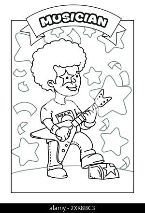 Schwarz-weiße Linienzeichnung eines Gitarristen, der Musik spielt. Eine lustige Malseite für Kinder, um künstlerische Berufe zu entdecken. Arbeitsblatt für Kind Stockfoto