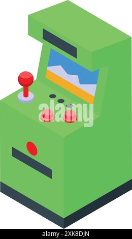Grüne Arcade-Spielmaschine mit roten Tasten und Joystick zur Anzeige der Spielstufe Stock Vektor