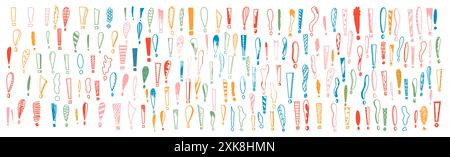 Bunte, handgezeichnete Ausrufezeichen in Linienvektorsymbolen bündeln sich. Doodle-Stil mit einzigartigem, dynamischem Erscheinungsbild auf weißem Hintergrund Stock Vektor
