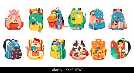 Flache Design Studentenrucksäcke Kollektion auf weißem Hintergrund. Linienvektorelemente mit Studentenrucksäcken, die mit verschiedenen Schreibwaren ausgestattet sind Stock Vektor