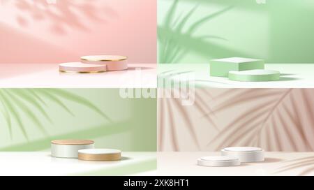 Leere Podeste mit Palme hinterlässt Schatten realistische Vektor-Illustration Set. Produktpräsentation zeigt 3D-Objekte auf farbigem Hintergrund an Stock Vektor