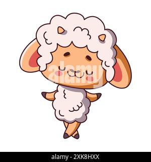 Träumende kleine Schafe tanzende Farbvektor-Illustration. Story-Charakter. Kawaii-Lampe, die festliche Feiertagskykone auf weißem Hintergrund genießt Stock Vektor