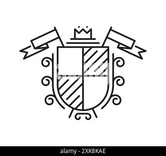 Mittelalterliche Linie Heraldik Wappen Symbol der königlichen Familien oder Ritter. Isolierter Vektor-Umriss heraldisches Emblem mit Schild, Fahnen und Krone, Embodyen Stock Vektor