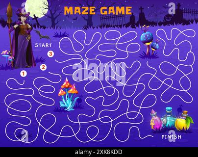 Halloween-Labyrinth-Labyrinth-Spiel, Hilfe bei der Hexensuche Tränkflaschen auf dem Friedhof, Vektor-Puzzle-Arbeitsblatt. Kinder-Comic-Quiz, um Hexen dabei zu helfen, den Weg zu finden Stock Vektor