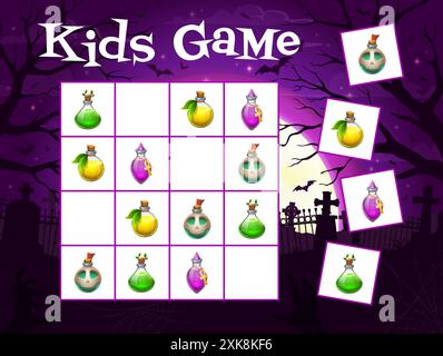 Halloween Kinder Sudoku Spiel mit Zaubertrank Flaschen, Vektor-Puzzle Quiz Arbeitsblatt. Cartoon-Spiel, um die gleichen Bilder von Hexengift in gl zu finden und zu vergleichen Stock Vektor