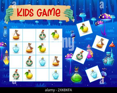 Halloween Kinder Sudoku Spiel, Trank Flaschen in Märchenwald Vektor Puzzle Quiz. Halloween-Arbeitsblatt mit Zauberflaschen oder Elixi Stock Vektor