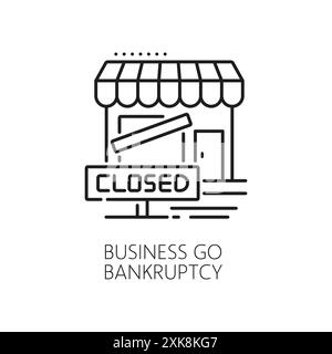 Business geht in Konkurs, Wirtschaftskrise und Geldverlust, Abschwung Symbol, verfügt über geschlossene Geschäfte, Kiosk oder Ladengebäude. Isolierte Vektorlineare s Stock Vektor