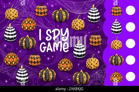 Ich spioniere Spiel, Spinnennetz mit Halloween-Kürbissen. Objekt findet Kinder, die Aktivität spielen, zählt pädagogisches Puzzle-Vektor-Arbeitsblatt mit verzierten g Stock Vektor