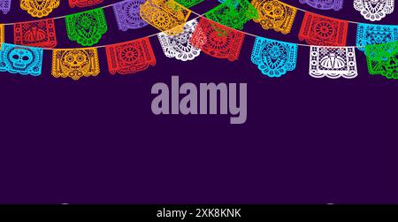 Mexikanischer Feiertagshintergrund mit papiergeschnittenen Picadoflaggen. Vector Day of the Dead und Cinco de Mayo feierliche bunte Girlande aus hellen Fahnen mit Su Stock Vektor