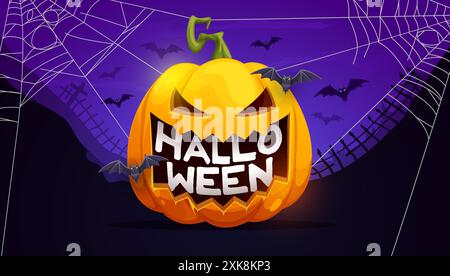 Halloween großer Kürbis mit fliegenden Fledermäusen und Spinnennetz. Halloween gruseliger und gruseliger Vektor Hintergrund oder Banner mit Jack o Lantern Kürbis schnitzen Scary f Stock Vektor