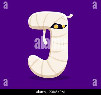 Halloween Schriftart, Buchstabe J als Cartoon Mumienfigur für Horror Alphabet, Vektor ABC Typ. Halloween-Weihnachtsschriftart oder gruselige Schriftart für Kinder mit dem Buchstaben J A Stock Vektor